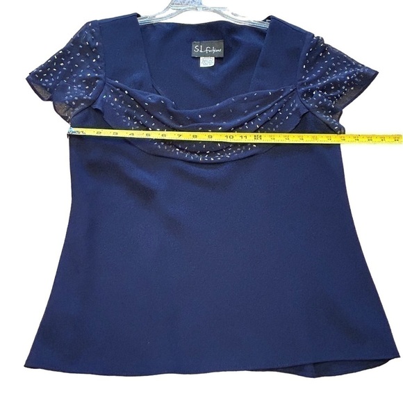 S.L. FASHIONS WOMENS NAVY BLUE SEQUINED ACCENTED 2-PC BLOUSE & SKIRT DRESS, 14 - Picture 6 of 9